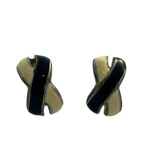 Vintage Earrings Ivory Black Enamel Silver Tone Crisscross Studs Art Deco Style